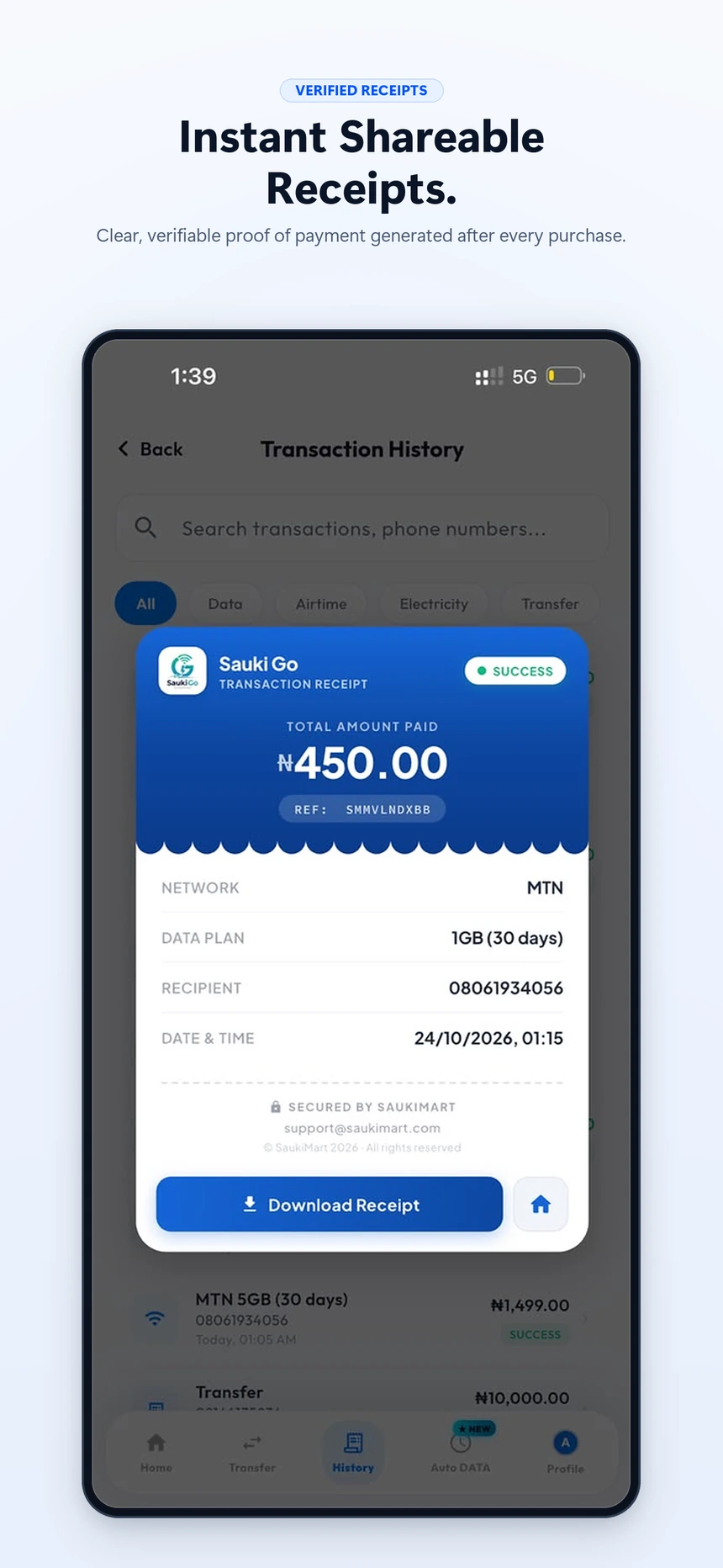 Instant Shareable Receipts.